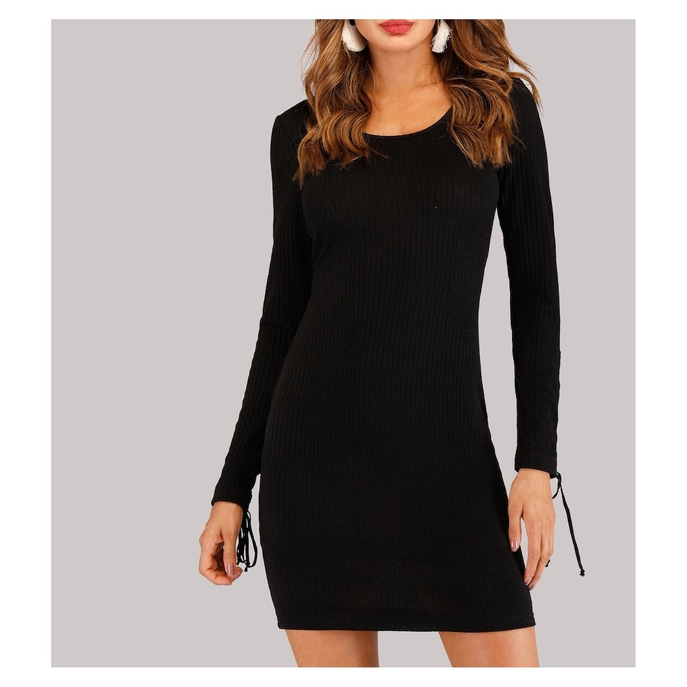 Black Lace Up Details Ribbed Bodycon Dress - Picture 7 of 8